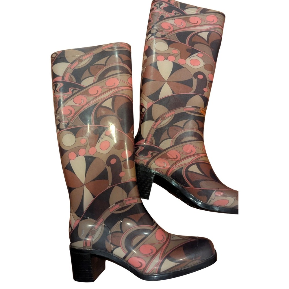 Emilio Pucci Rain Boots 37 Pink Brown Abstract Print Block Heel Italian Designer